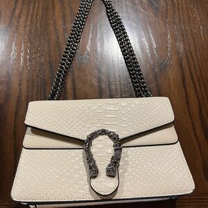 Cream Textured Chain-Handle Crossbody Bag with Ornate Hardware